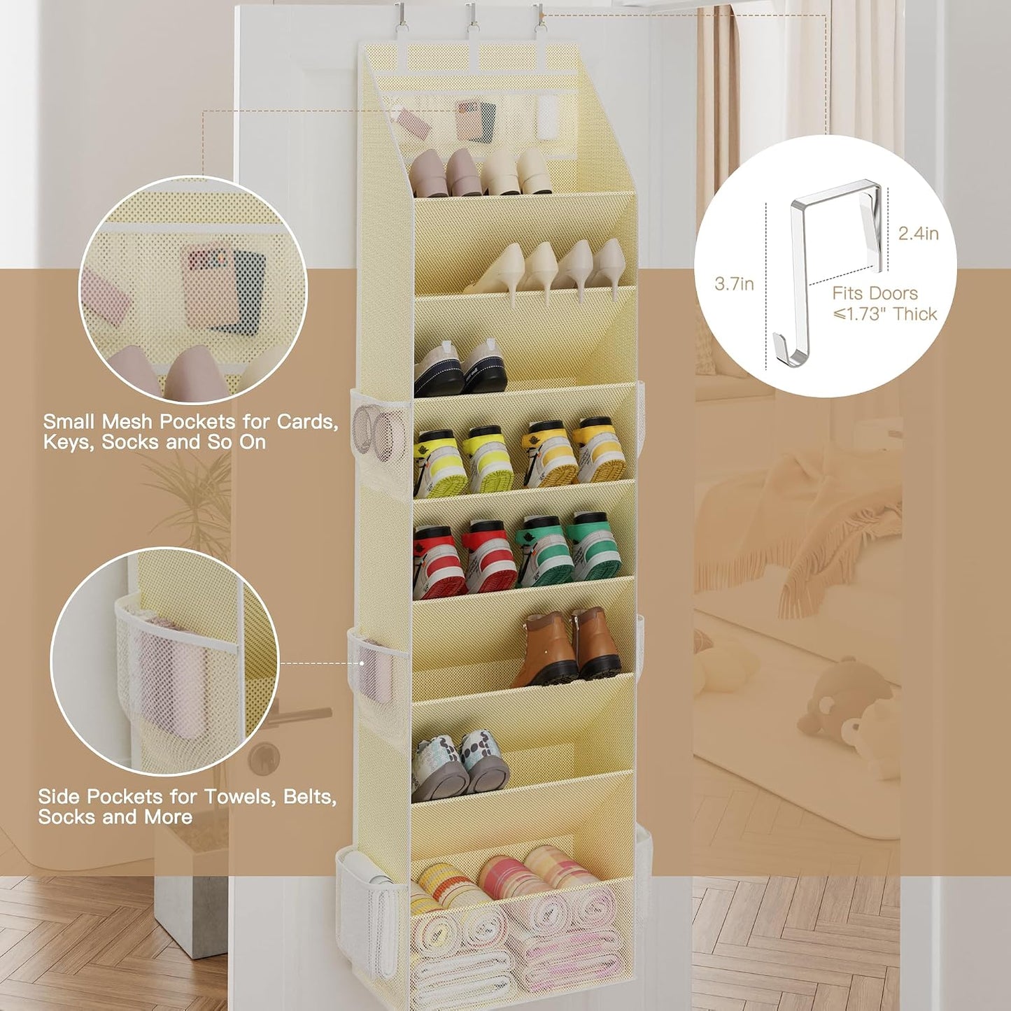 Criusia Shoe Organizer, Over the Door Shoe Organizer, Hanging Closet Shoe Storage with Large Deep Pockets, Fits 16–24 Pairs of Sneakers, Sandals, Boots, Gray