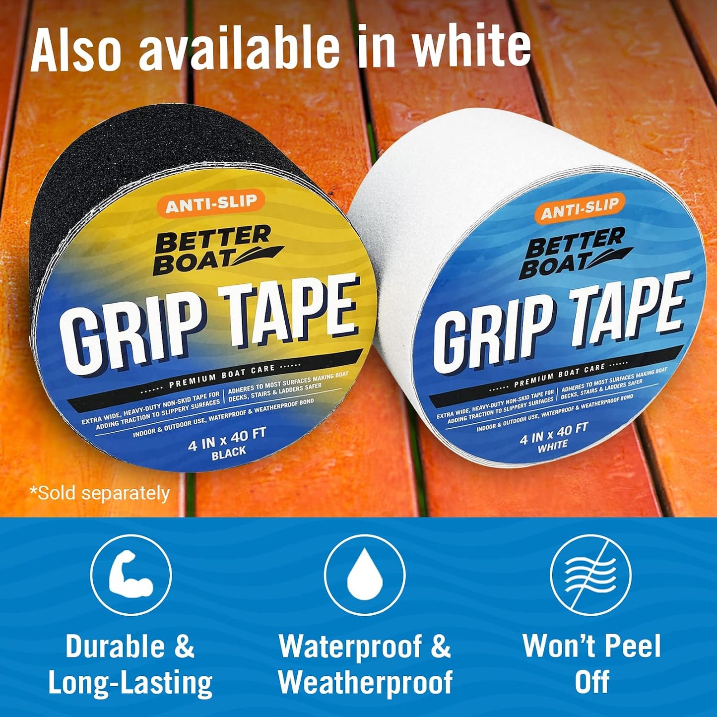 Better Boat Anti Slip Tape for Outdoor Stair Treads, Non-Skid Grip for Stairs and Steps, 4" x 40ft Roll, Clear Waterproof Traction, Weather-Resistant Friction Floor Tread for Dogs and Steps