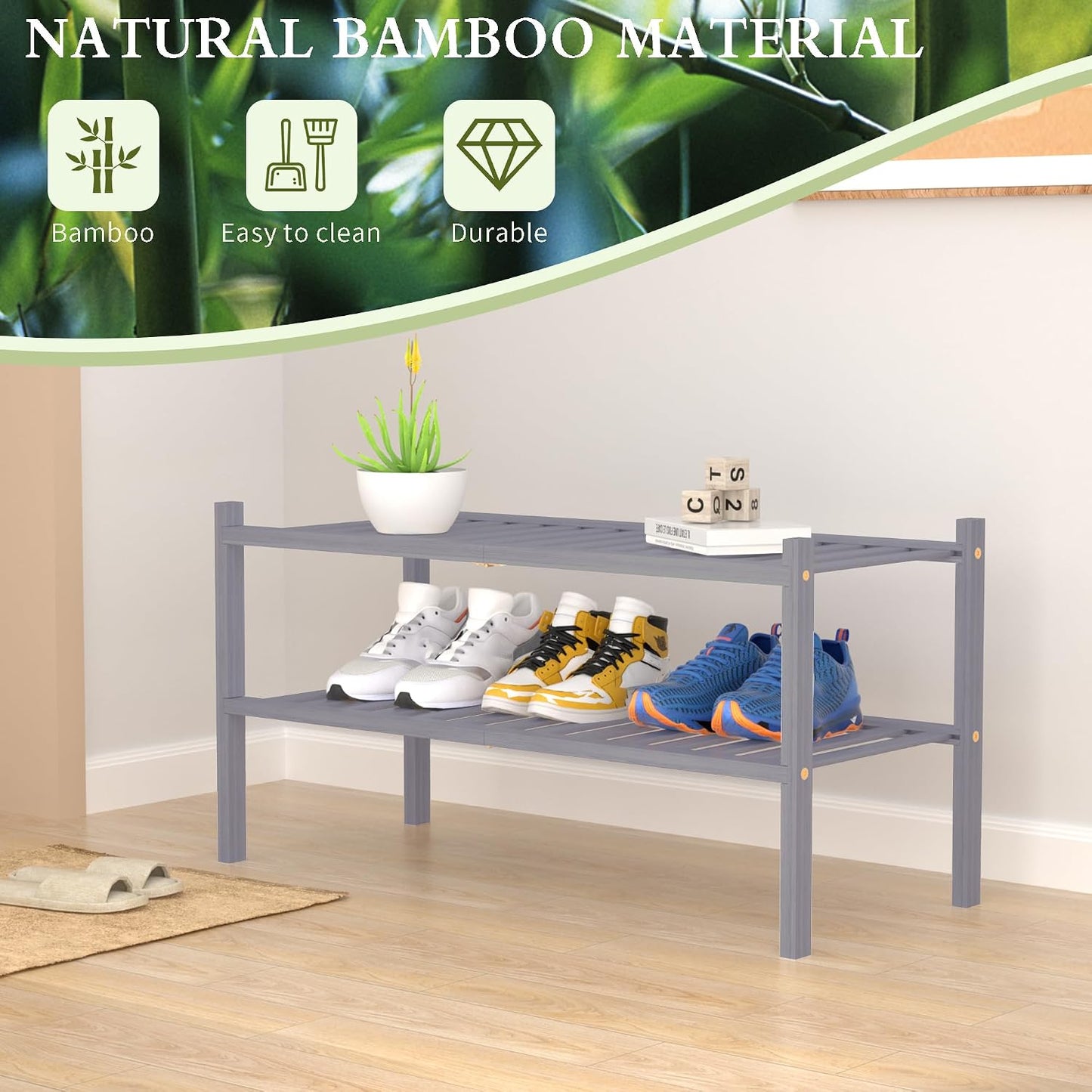 ROMGUAR CRAFT 3 Tier Bamboo Shoe Rack for Closet Free Standing Wood Shoe Shelf Storage Organizer for Entryway Small Space Stackable 27"x11"x20" (Natural)