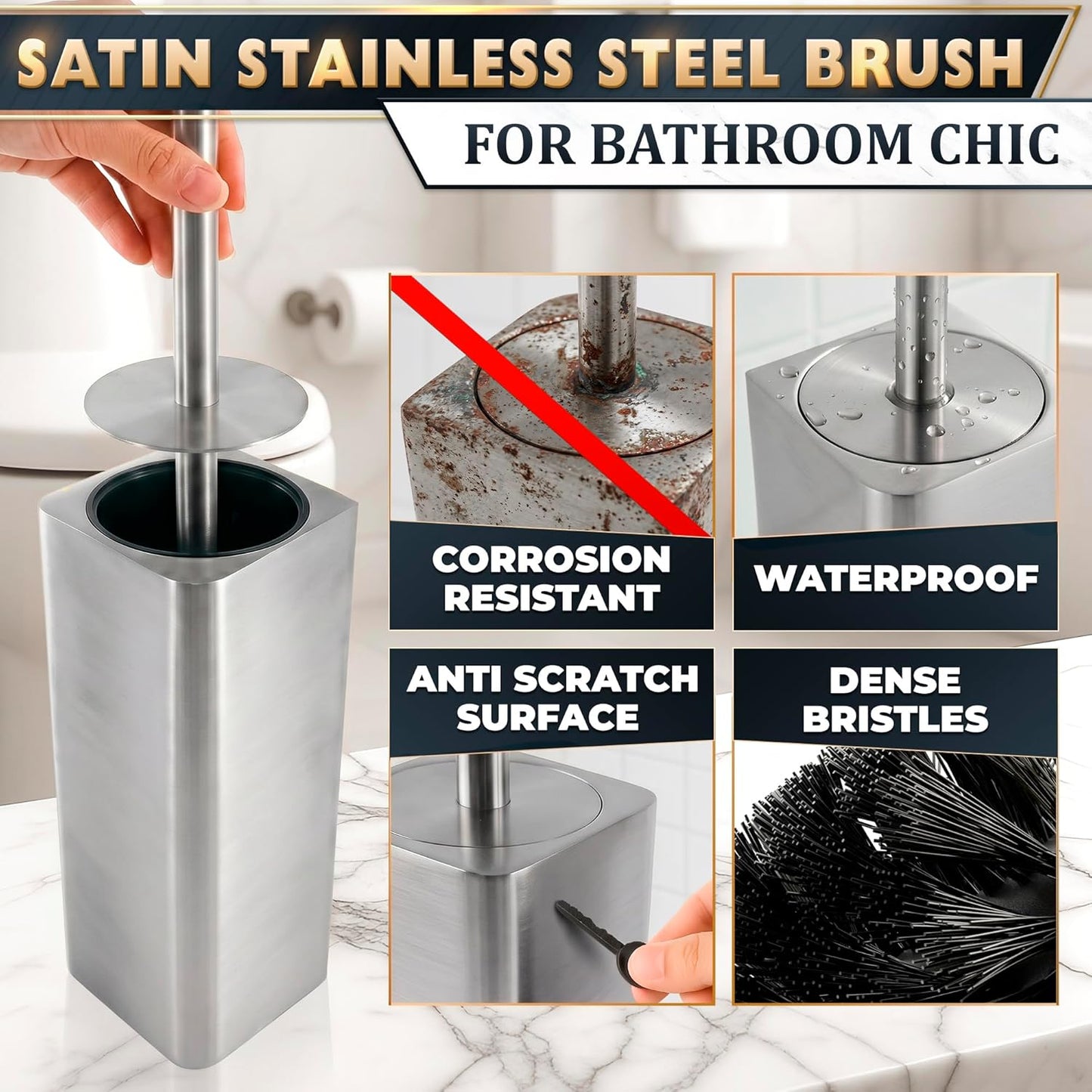 Black Toilet Brush and Holder Set - Slim Matte Design that Fits Anywhere - Stainless Steel Toilet Bowl Brush and Holder with 2 Rounded Corners, Replaceable Head, Removable Inner Bowl & Splash Guard