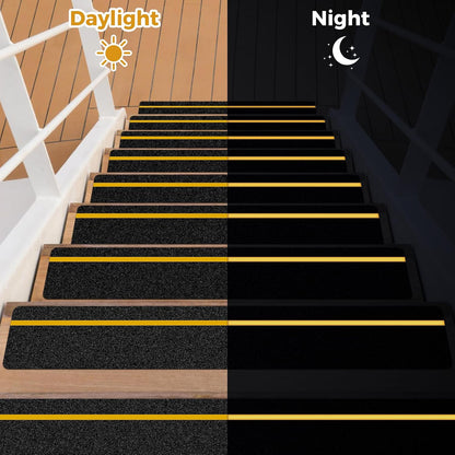 10 Pack 6” x 30” Anti Slip Traction Treads with Glow in The Dark Stripe, Outdoor Waterproof Non Skid Pre-Cut Tape with Roller, High Traction Friction Abrasive Adhesive for Stairs Step