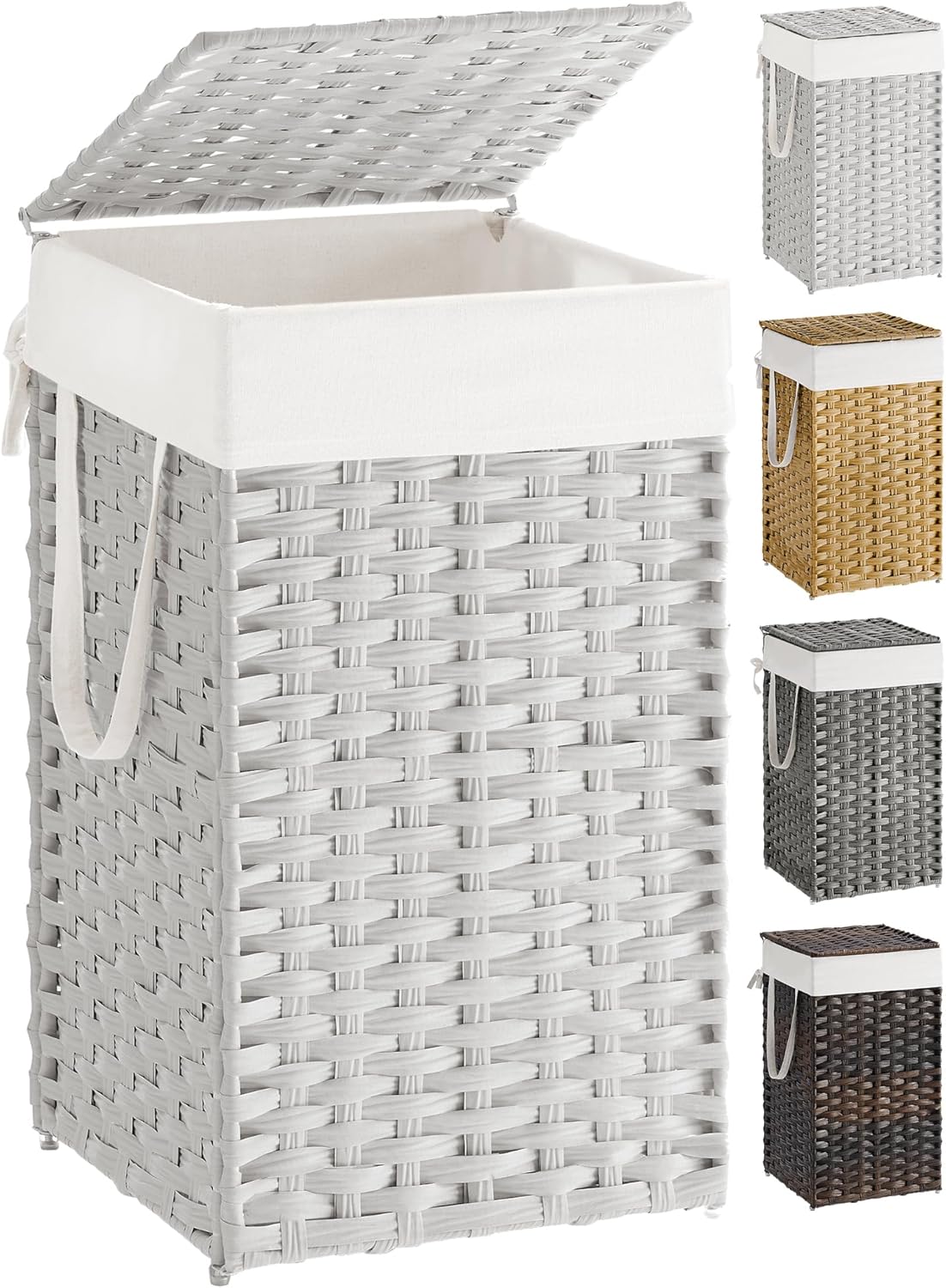 SONGMICS Laundry Hamper with Lid, 23.8 Gallon (90 L) Synthetic Rattan Clothes Laundry Basket with Lid and Handles, Foldable, Removable Liner, Chestnut Brown ULCB051K02