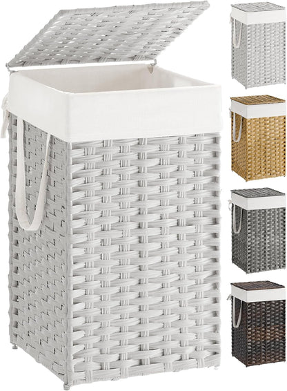 SONGMICS Laundry Hamper with Lid, 23.8 Gallon (90 L) Synthetic Rattan Clothes Laundry Basket with Lid and Handles, Foldable, Removable Liner, Chestnut Brown ULCB051K02
