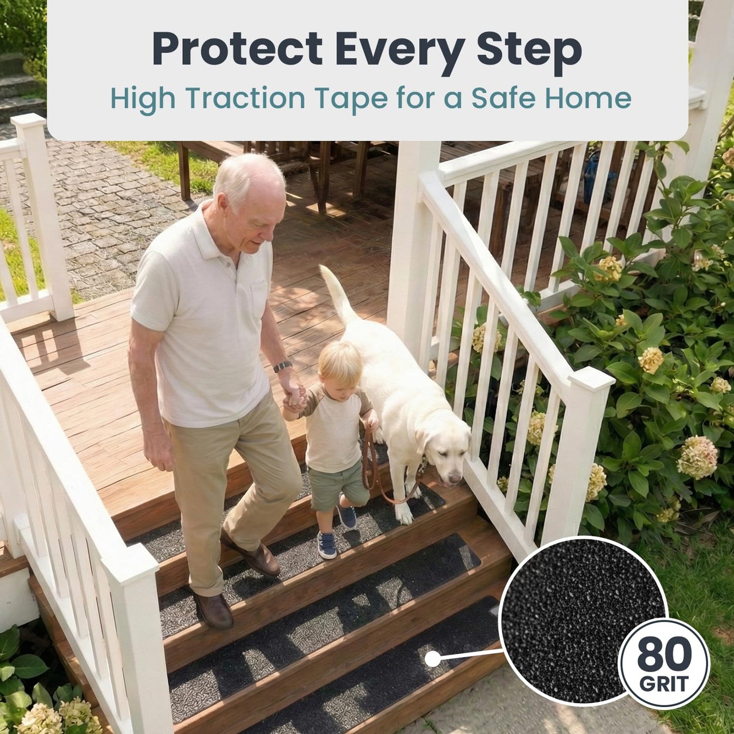 PELEGON Outdoor Stair Treads Non-Slip for Wooden Steps (12 Stairs) 6"x30" Heavy Duty Waterproof Anti Slip Traction Tape, Black Grip Tape Treads Outdoor for Wood, Decks, Ramps