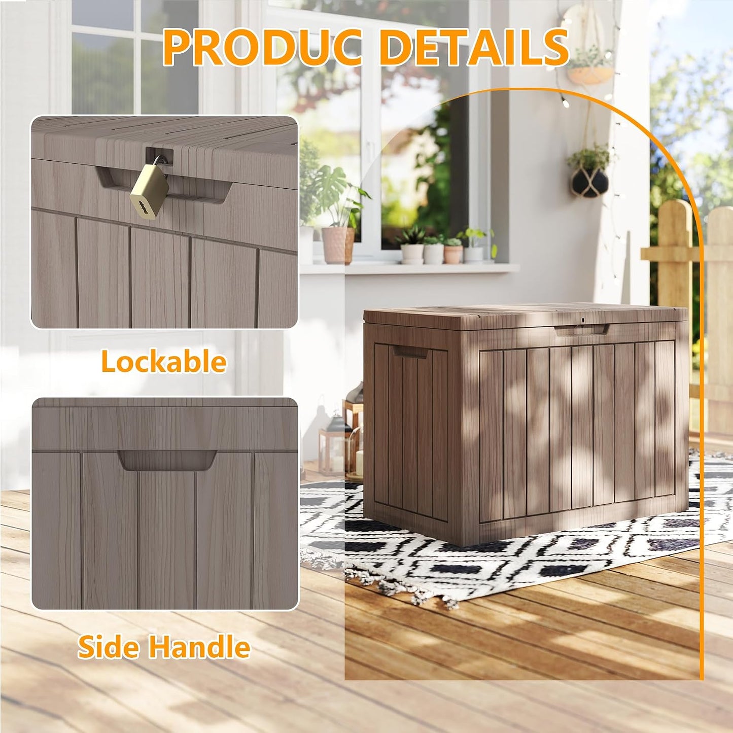 200 Gallon Deck Boxes Outdoor Waterproof, Outdoor Storage Box with Lockable Lid & UV-Resistant for Patio Furniture, Outdoor Cushions, Garden Tools and Pool Supplies, Light Brown