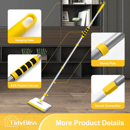 TidyBliss Baseboard Cleaner Tool with Handle, 55.9” Long Wall and Base Board Cleaning Mop, 4 Reusable Pads, 1 Stiff Bristle Scrubber Brush for Floorboard Ceiling Cabinet Window Bathroom (Yellow)