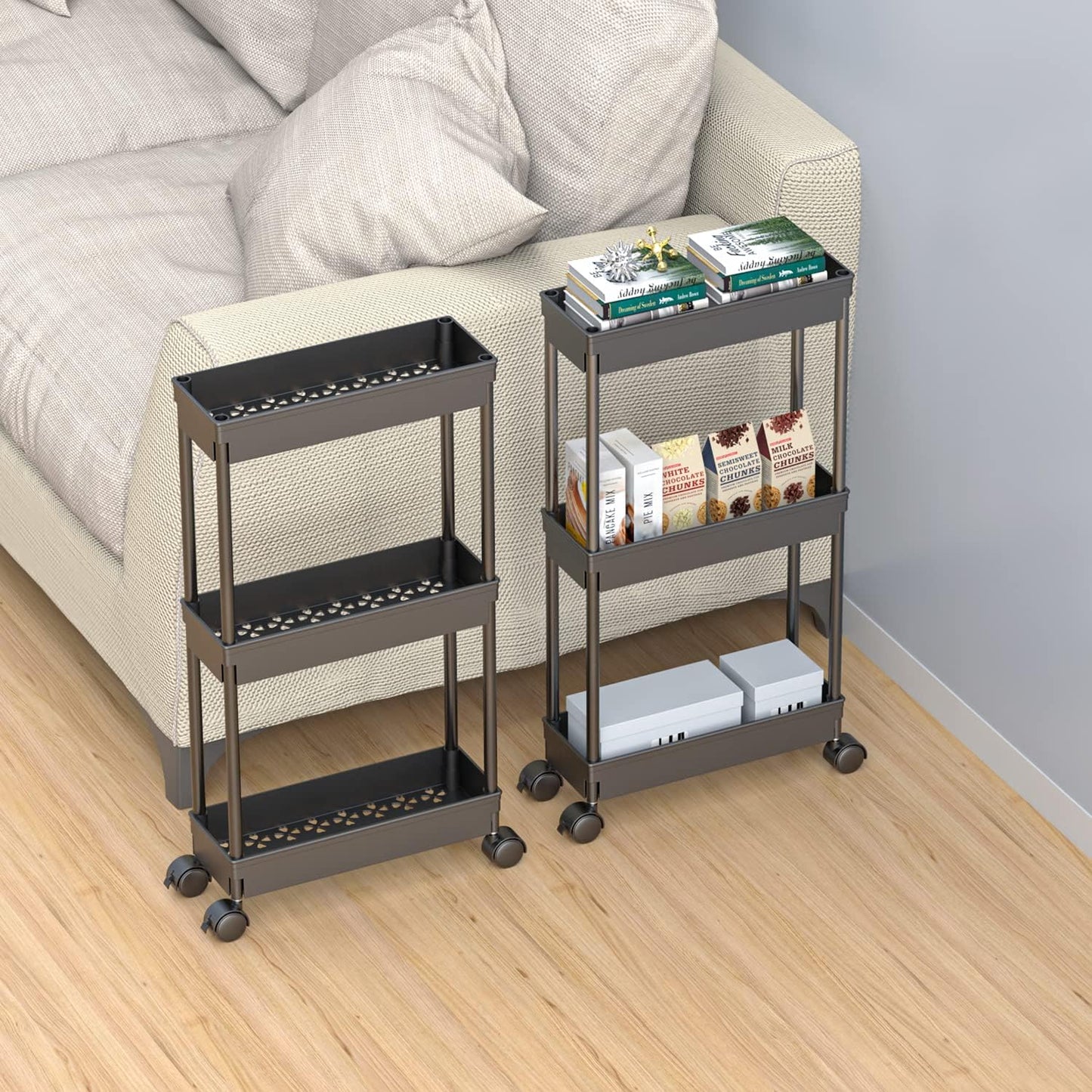 Sooyee 3 Tier Rolling Cart with Wheels, Slim Storage Cart, Under Desk Narrow Rolling Utility Cart Storage Organizer for Office Bathroom Kitchen Laundry Room Narrow Places, White, Plastic and Metal