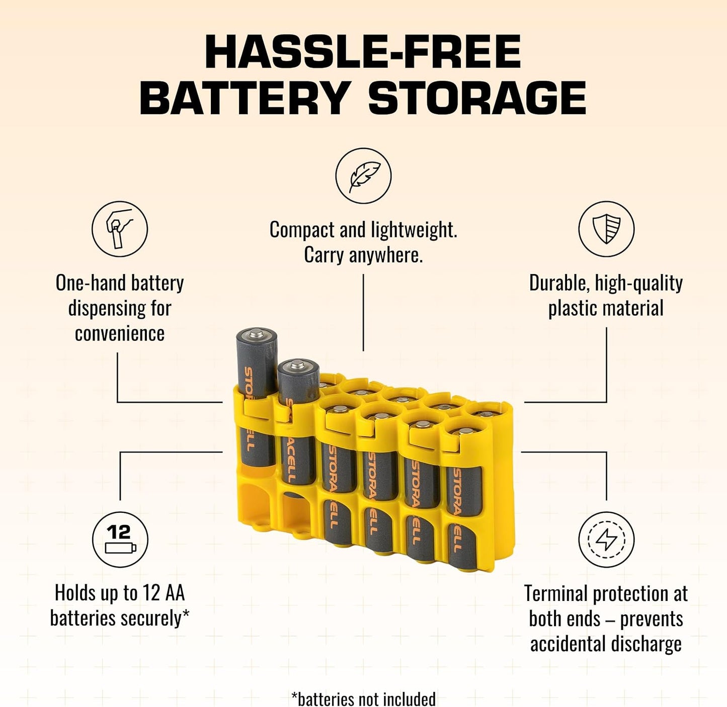 AA Battery Storage Caddy by Storacell, Orange, Holds 12 Batteries (Not included)