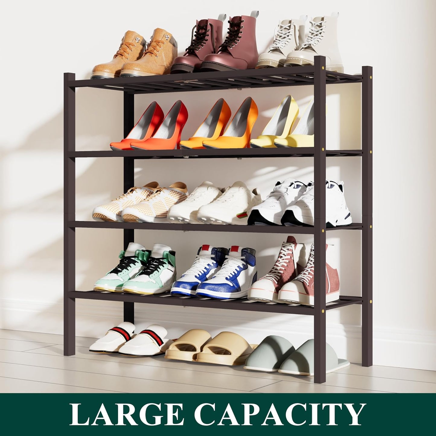 Smiry Bamboo Shoe Rack, 3 Tier Free Standing Wooden Shoe Organizer, Stackable Wood Shoe Storage Shelf for Closet, Entryway, 12 Vertical Slats, 2+1 Stack Standard Legs, 26.8"x11"x19.5", Natural