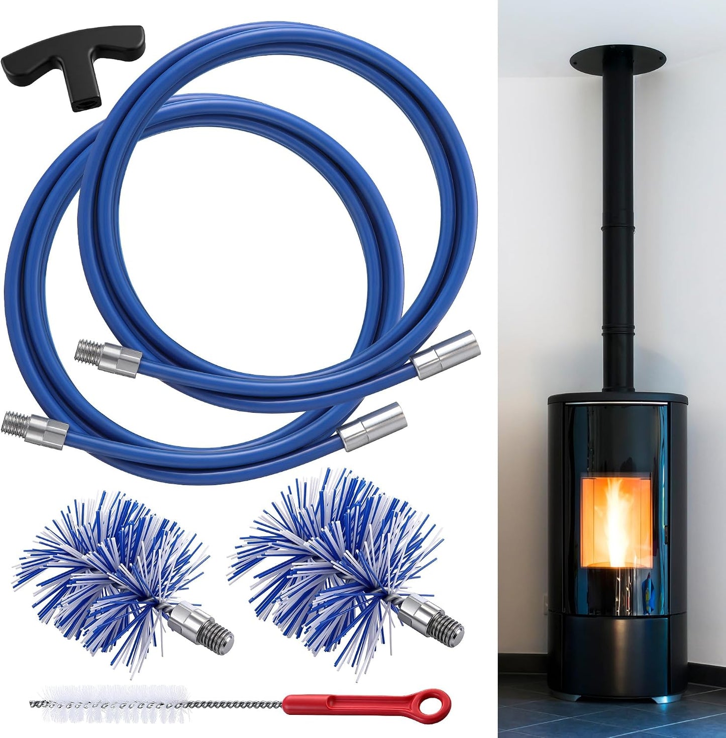 Dreyoo Pellet Stove Cleaning Brush Kit, 20 FT Flexible Steel Rod with 3" Brush Head, T Handle, Multi Purpose Flue Detail Cleaner, Nylon Stove Flue Pipe Kit for Pellet Furnace Exhaust Pipes