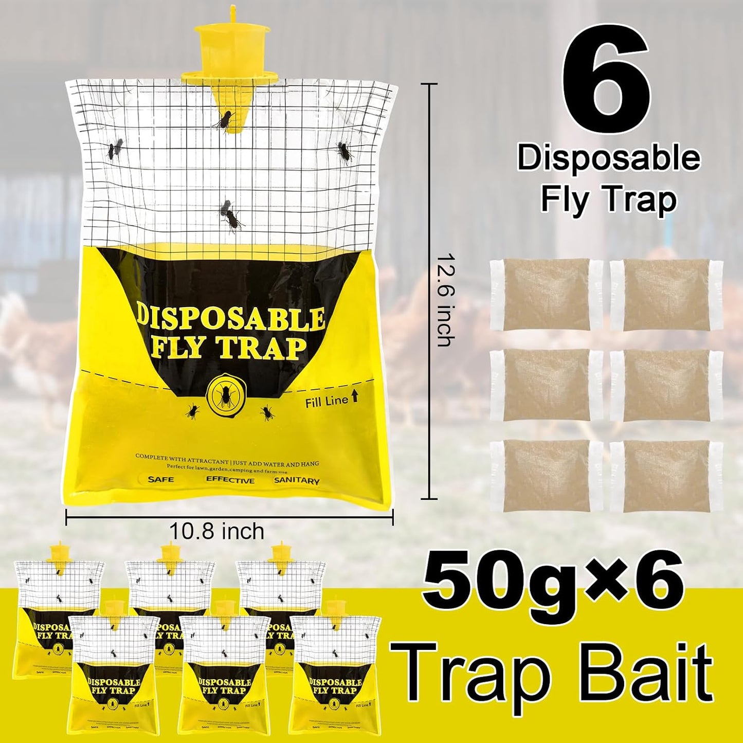 Outdoor Fly Traps for Patio, 4 Pack Pre-Baited Big Fly Bags Outdoor Disposable, Hanging Fly Catcher Hunter Stable Horse Ranch Control Repellent Killer for Barn, Farm