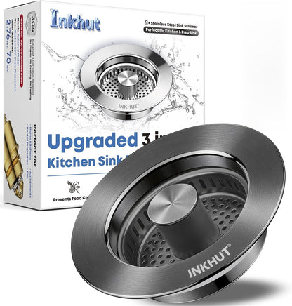 Upgraded 3 in 1 Kitchen Sink Drain Strainer - Stainless Steel Sink Stopper, Anti-Clogging Sink Food Catcher Basket, Fast Drainage Odor Filter Sink Plug for US Standard 3 1/2 inch Drain (Silver-1Pack)
