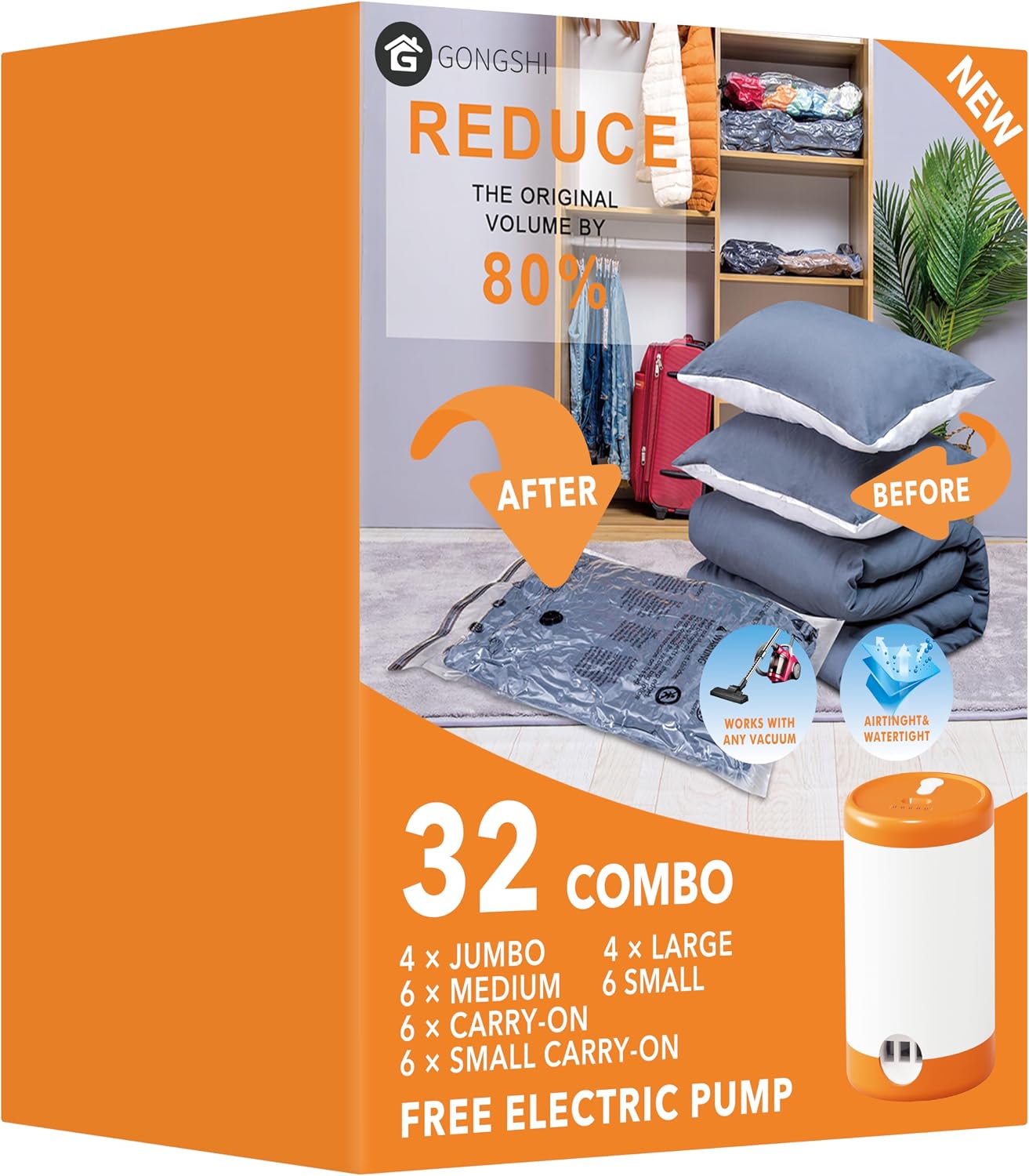 GONGSHI Vacuum Seal Bags for Clothing Travel & Home Storage, Travel Vacuum Bags with Pump,Space Saver for Blankets, Comforters, Pillows, Clothes,24 Combo with Electric Pump