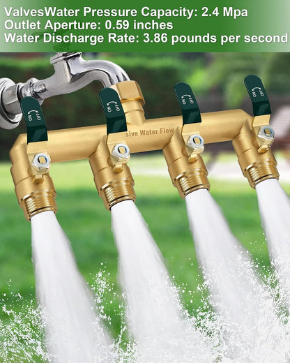 4 Way Hose Splitter, Heavy Duty Full Flow Garden Water Hose Bib Spigot Splitter, Brass Rust and Freeze Resistant Outdoor Faucet Splitter, T Adapter Connector with 3/4 - Inch GHT Thread （Black）