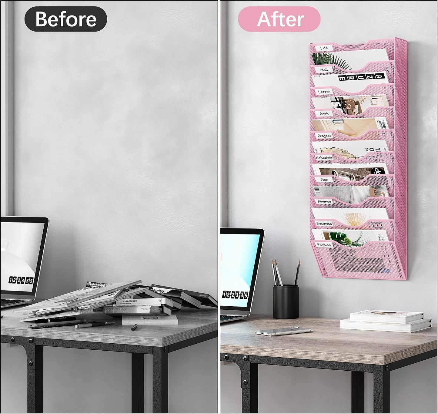 EasyPAG 5 Pocket Mesh Wall File Organizer with Key Hooks, Hanging Paper Folder Holder with Classify Label, Vertical Wall Mount Mail Organizer for Office Home Classroom, Black