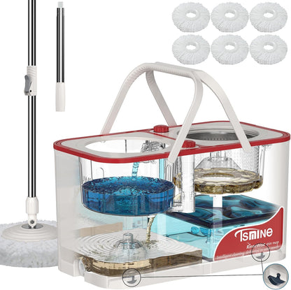 Spin Mop for Large Homes & Big Floor Cleaning, Clean & Dirty Water Separation Mop Bucket for Family & Pet Homes,4-Chamber System, Glide Wheels, Safe for Hardwood & Tile, Adjustable Handle, 6 Mop Heads