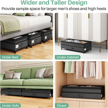 Kitstorack Under Bed Storage with Wheels 2Pack Height-adjustable Under Bed Storage Containers,Under Bed Shoe Storage Organizer with Clear Window&Label, Suitable for Clothes Storage, Gray