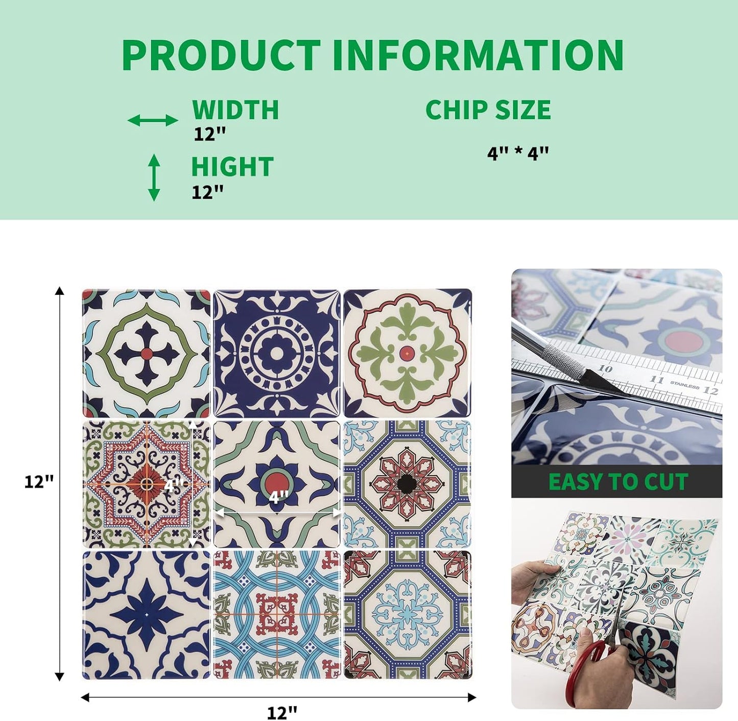 LONGKING Peel and Stick Backsplash Tile Stickers, Colorful Talavera Mexican Tile, Stick on Wall Tiles (10 Sheets)