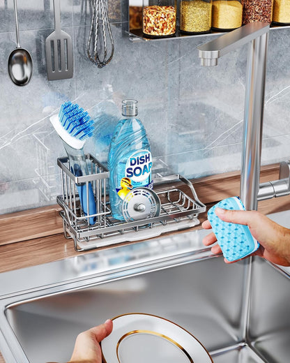 Consumest Sponge Holder for Kitchen Sink - Kitchen Sink Caddy Organizer with Removable Drip Tray for Countertop Dish Soap Dispenser Brush Storage Accessories 304 Stainless Steel - Black