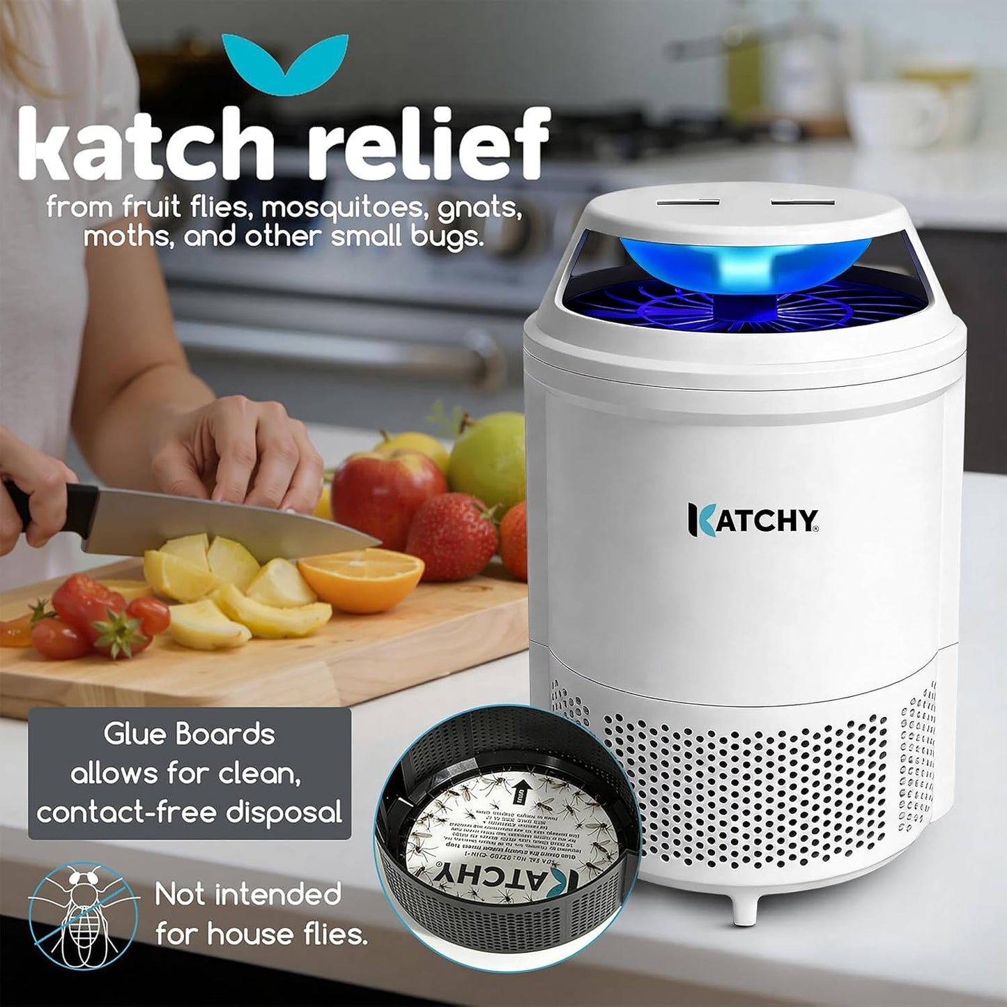 The Original Katchy Indoor Insect Trap - Fan Powered with UV Light - Fruit Fly Traps for Indoors - for Fruit Flies, Gnats, Mosquitoes, Moths (Black)