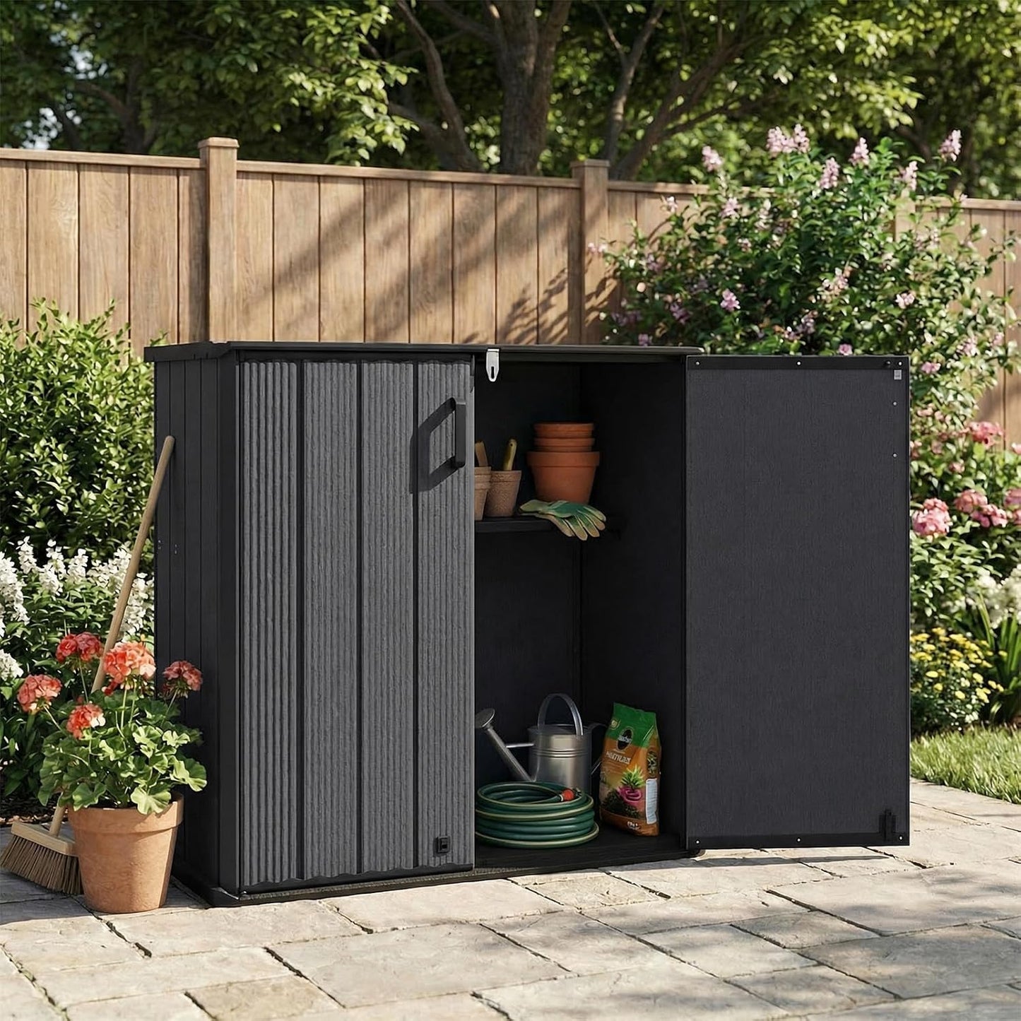 Tangkula 23.5 Cu.ft Outdoor Storage Shed, All-Weather Resin Patio Storage Box with Floor, Lockable Door & Removable Shelf, Waterproof Deck Box for Garden Tools