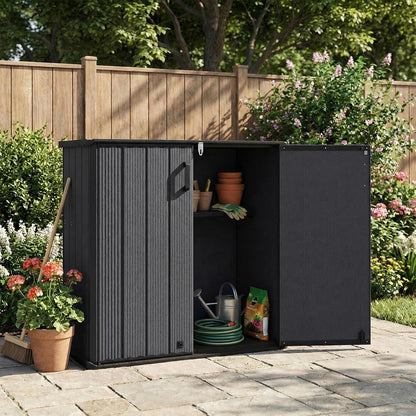 Tangkula 23.5 Cu.ft Outdoor Storage Shed, All-Weather Resin Patio Storage Box with Floor, Lockable Door & Removable Shelf, Waterproof Deck Box for Garden Tools