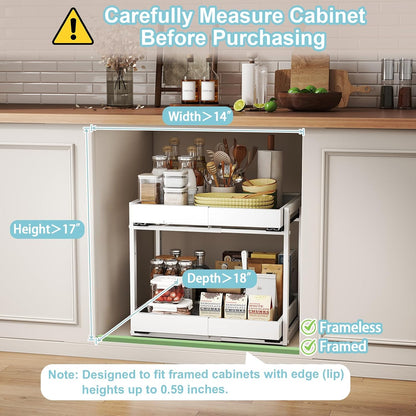 Golener 2-Tier Expandable Pull Out Cabinet Organizer - Slide Out Drawers for Kitchen Cabinets, Bathroom Organizers and Storage, Under Sink Organizer for Kitchen Storage Organization, White Metal Frame