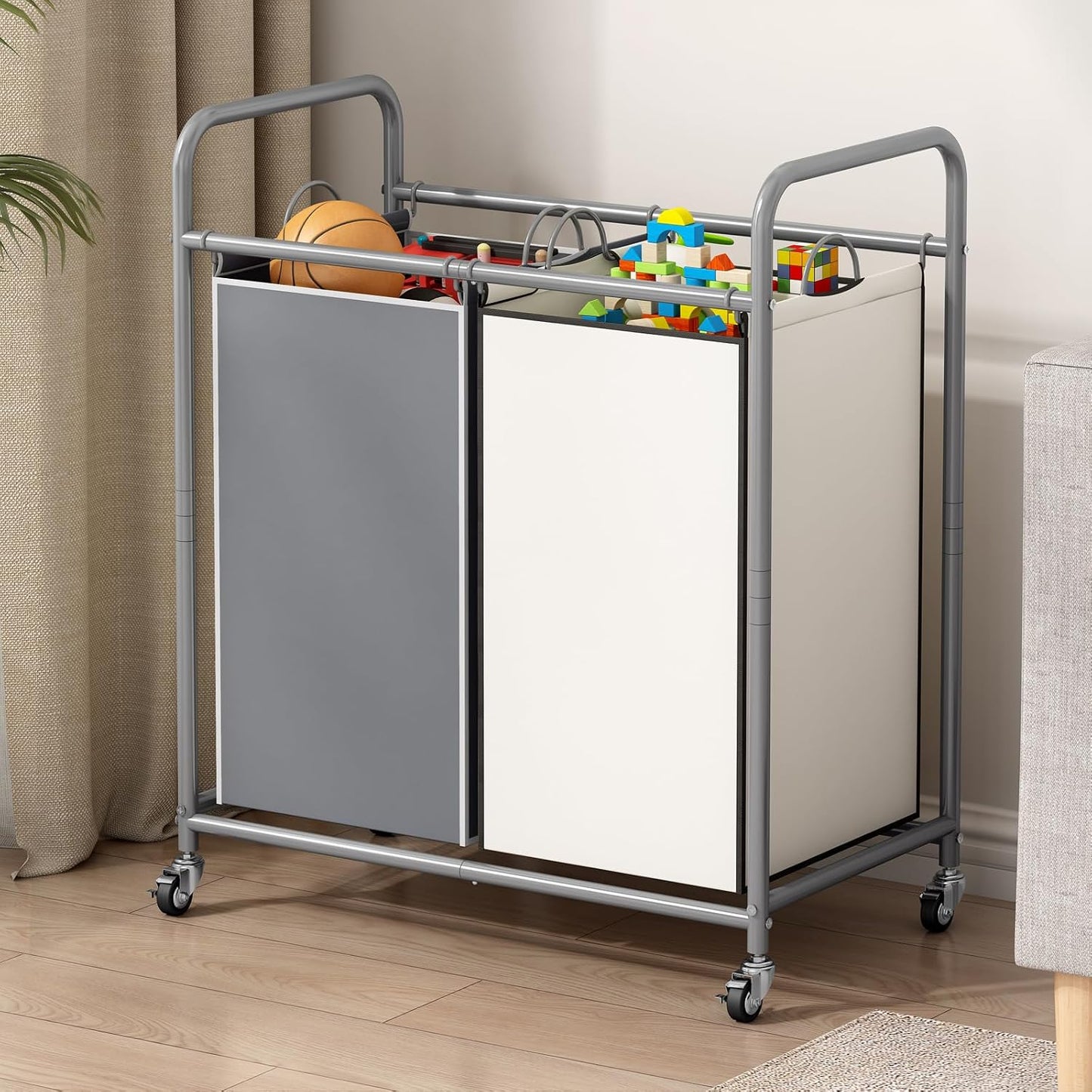 SUOERNUO Laundry Sorter Basket 2 Bag Laundry Hamper Cart with Rolling Lockable Wheels and Removable Bags Laundry Organizer Cart for Clothes Storage, Assorted