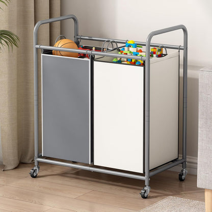 SUOERNUO Laundry Sorter Basket 2 Bag Laundry Hamper Cart with Rolling Lockable Wheels and Removable Bags Laundry Organizer Cart for Clothes Storage, Assorted