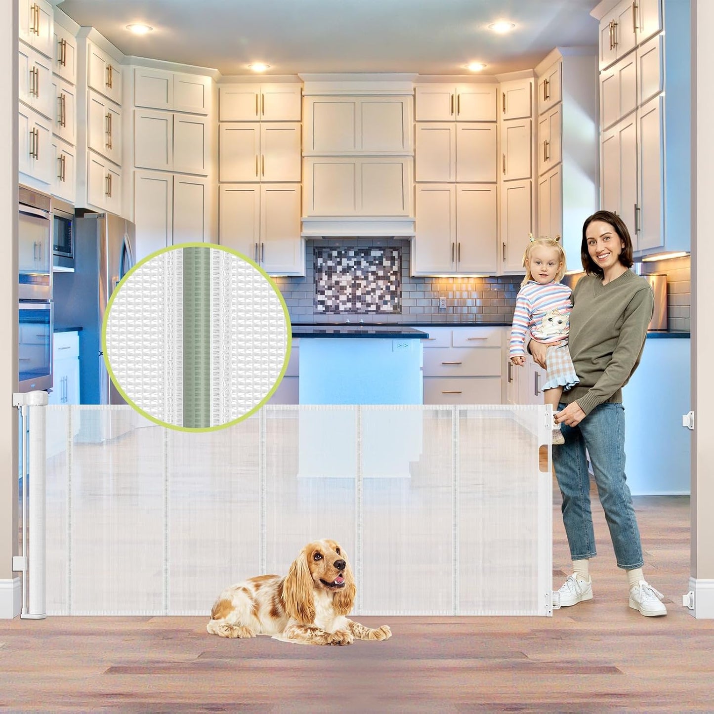 Reinforced 55" Wide Retractable Baby Gates with Reinforced Strips, Indoor/Outdoor Retractable Dog Gate for Doorway Prevent Bottom Drilling Through, No Bottom Bar Safety Mesh Baby Gate for Stair, Black