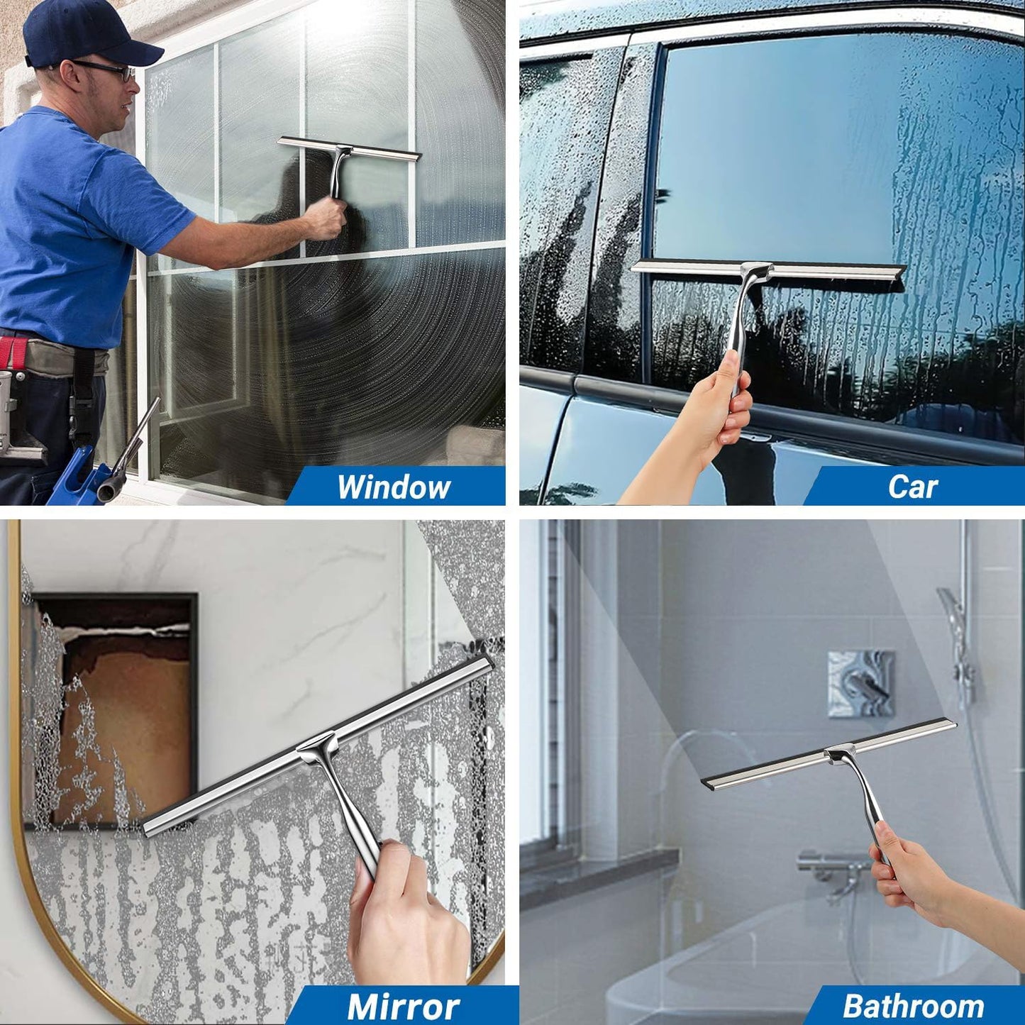 ecooe Silicone Shower Squeegee with Hanger, 13″/33cm Shower Glass Cleaner Wiper, Black Window Squeegee Scraper with Stainless Steel Core for Home Bathroom Kitchen Car Glass Doors