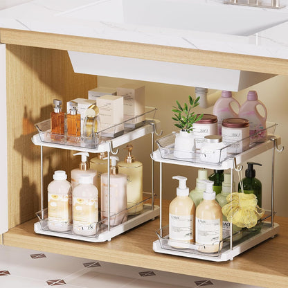 Delamu 2 Tier Under Sink Organizer Bathroom, Bathroom Cabinet Organizer with Snap-Lock Design and Hooks, Pull Out Storage with Movable Dividers, for Countertop, Kitchen and Pantry (Clear, 2 Pack)