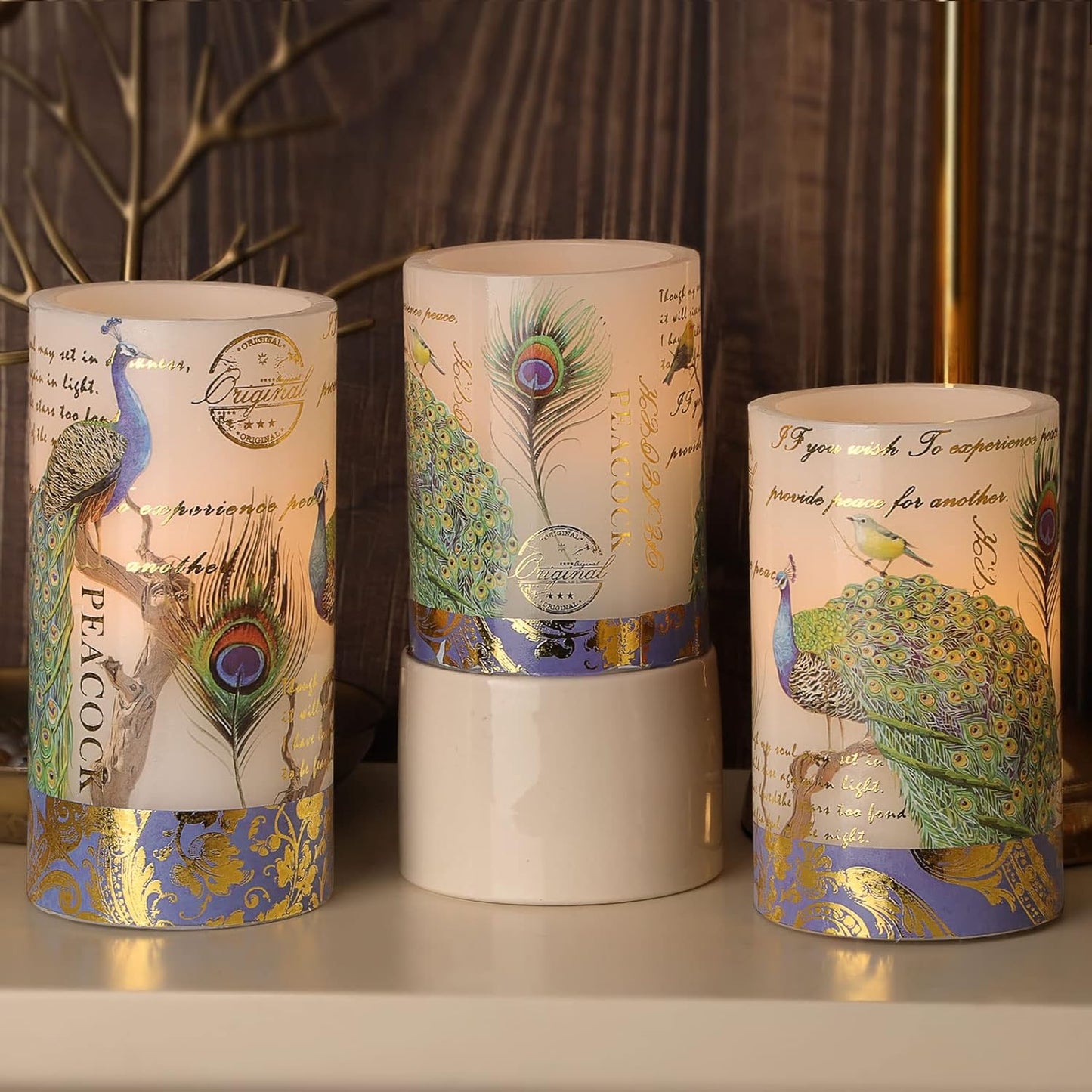 Glass Flameless Candles Flickering Battery Operated LED Pillar Candles Set of 3 with Timer and and 10-Key Remote Green Branch Floral Spring Summer Theme for Wedding Festival Home Decoration