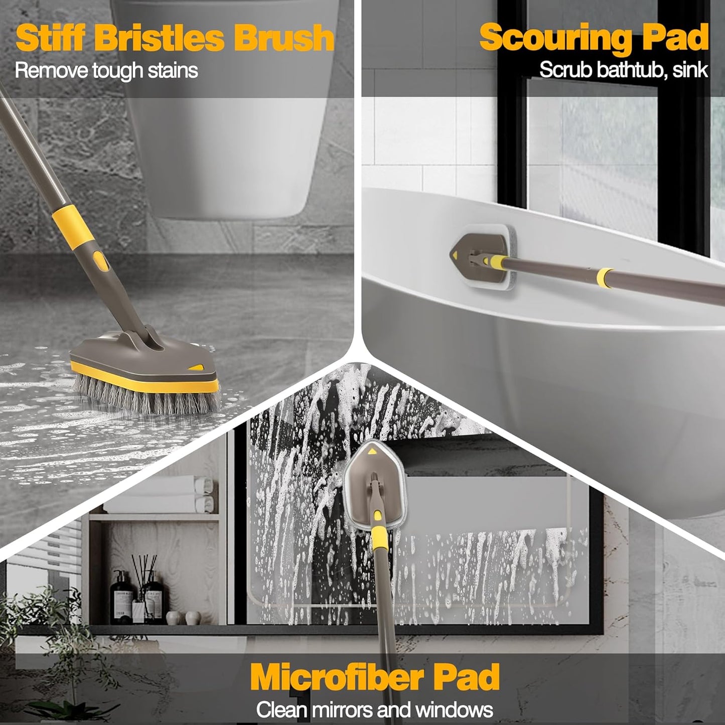 NEWE Shower Cleaner Brush, Tub Tile Scrubber with Telescopic Long Handle 56 inches, 4 Scrub Heads for Cleaning Bathroom Bathtub Floor Baseboard Sink Kitchen Toilet (Brown Yellow)