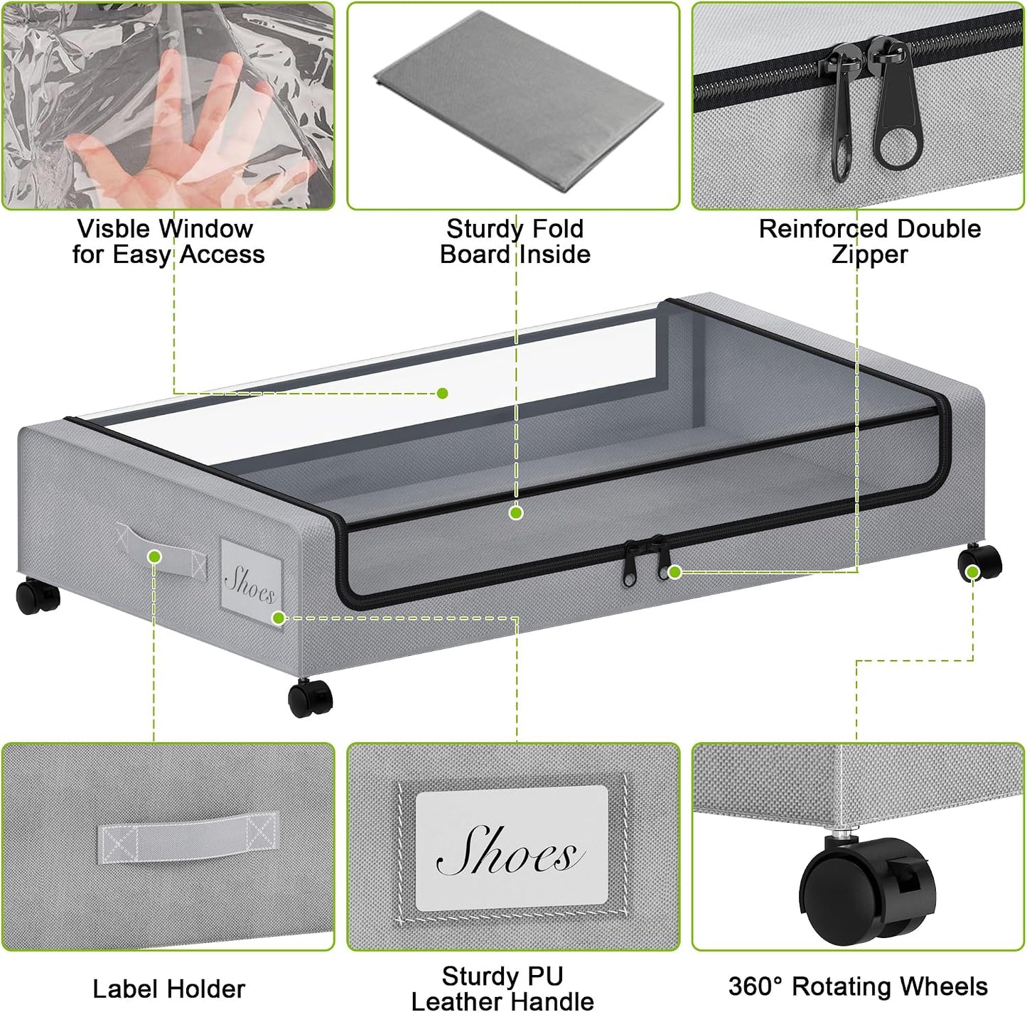 Tututry Under Bed Storage with Wheels, XXL 60L Under the Bed Storage Bins, Underbed Storage Containers with Lids & Label, Rolling Metal Drawer for Shoes, Clothes, Books, Toys (2-Pack Gray)
