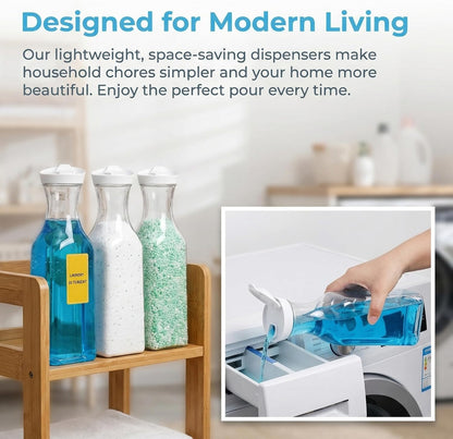 Goaste 4 Pack Laundry Detergent Dispenser, 54oz Laundry Soap Dispenser Bottle with Waterproof Label, Liquid Laundry Detergent Container, Plastic Fabric Softener Organizer for Bleach Powder Beads
