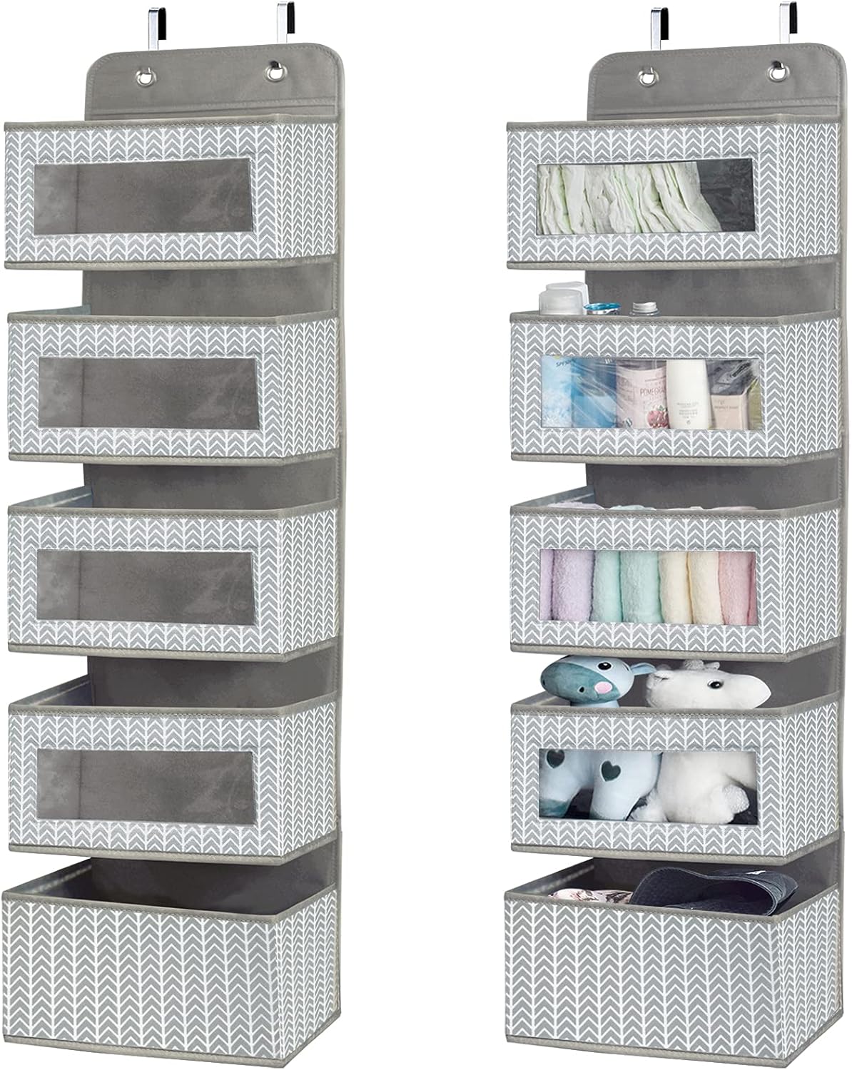 Over The Door Hanging Organizer Storage with 5 Large Pockets,Wall Mount Clear Windows and 2 Widened Metal Hooks for Pantry,Nursery,Diapers,Bathroom,Kitchen,Closet,Dorm