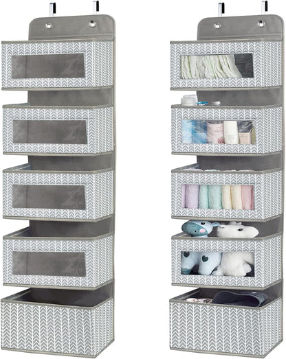 Over The Door Hanging Organizer Storage with 5 Large Pockets,Wall Mount Clear Windows and 2 Widened Metal Hooks for Pantry,Nursery,Diapers,Bathroom,Kitchen,Closet,Dorm