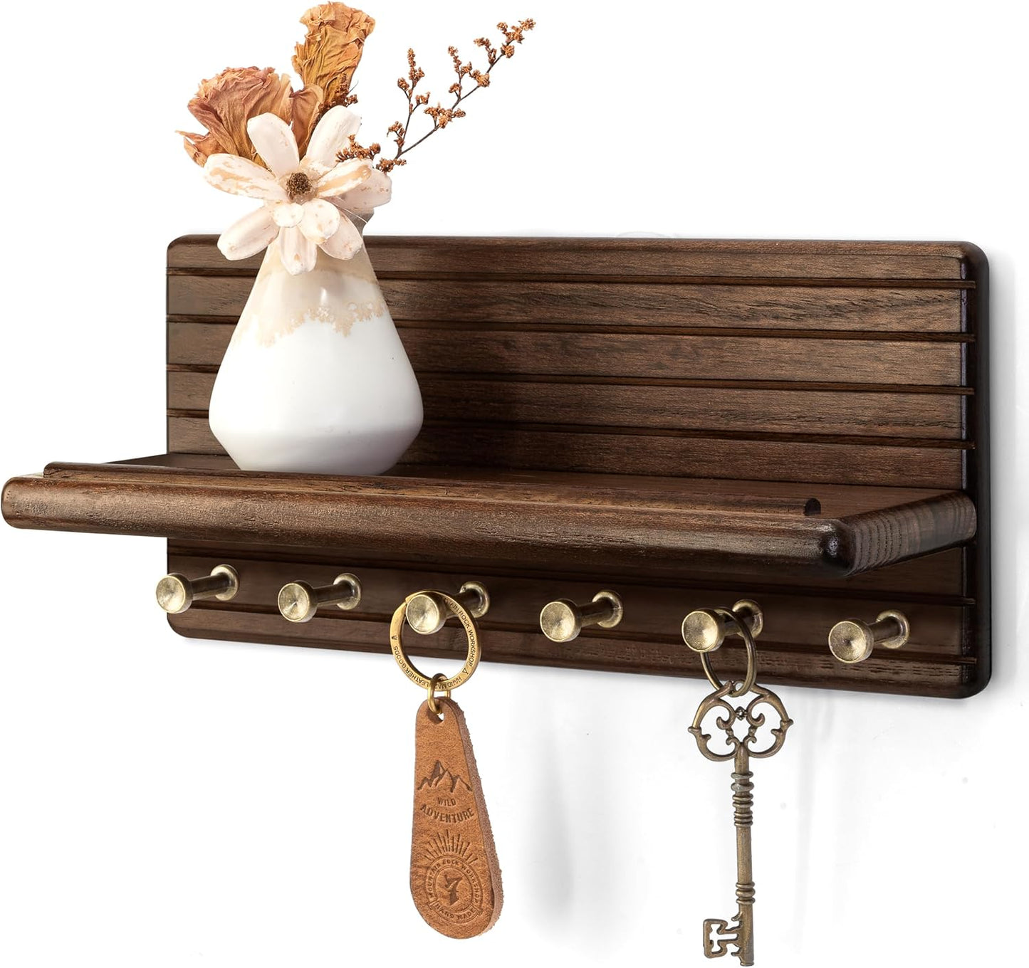 Rebee Vision Farmhouse Key Holder Wall Mount for Home Decor – Decorative Pine Wooden Key Holder for Wall with 6 Hooks & Floating Shelf - Rustic Charm for Room Decor Aesthetic (Brown)