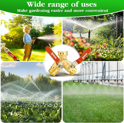IPOW Upgrade Full Flow Garden Hose Splitter with Stainless Steel Handle, Brass Heavy Duty 2 Way Y Valve Garden Hose Splitter High Flow Spigot Splitter + 6 Rubber Hose Washers with Comfort Grip Use