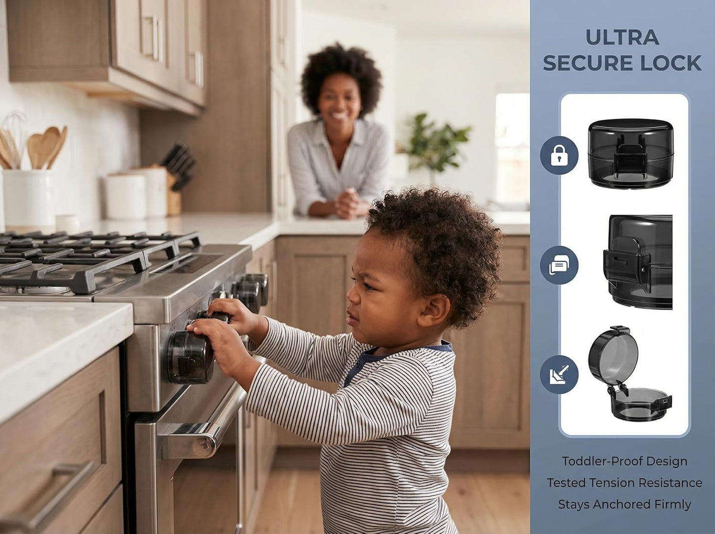 Stove Knob Covers for Child Safety, Black Gas Range Protectors for Baby Proofing Heat Resistant Oven Guard Locks Fits Button Under 2.4" Diameter Secure Under-Knob Anchor Fit Plastic Heat Resistant 5Pc