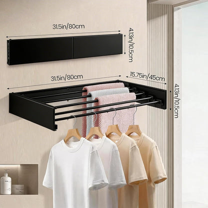 Wall Mounted Laundry Drying Rack, Carbon Steel Foldable & Retractable Clothes Drying Rack, Space Saving Adjustable Towel Holder for Bathroom, Laundry, Small Spaces (1, White, 31.5")