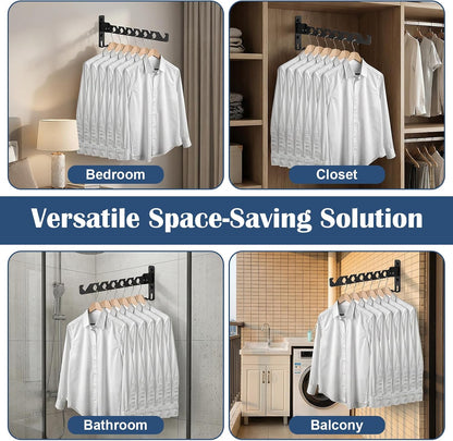 3-Pack Black Aluminum Wall Mounted Coat Hanger Holder, Retractable Folding Drying Rack - Space Saving Closet Organizer for Laundry, Bedroom, Bathroom