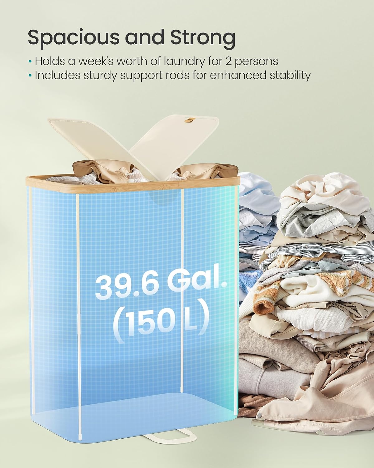 SONGMICS Laundry Hamper, Laundry Sorter with Lid, Storage Basket Bin, Removable Liners, Bamboo Frame, for Bedroom, 3 Sections, 44.9 Gal. (170 L), Ink Black ULCB533BH01