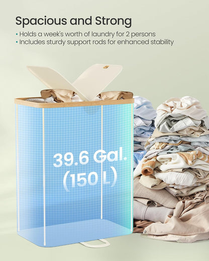 SONGMICS Laundry Hamper, Laundry Sorter with Lid, Storage Basket Bin, Removable Liners, Bamboo Frame, for Bedroom, 3 Sections, 44.9 Gal. (170 L), Ink Black ULCB533BH01