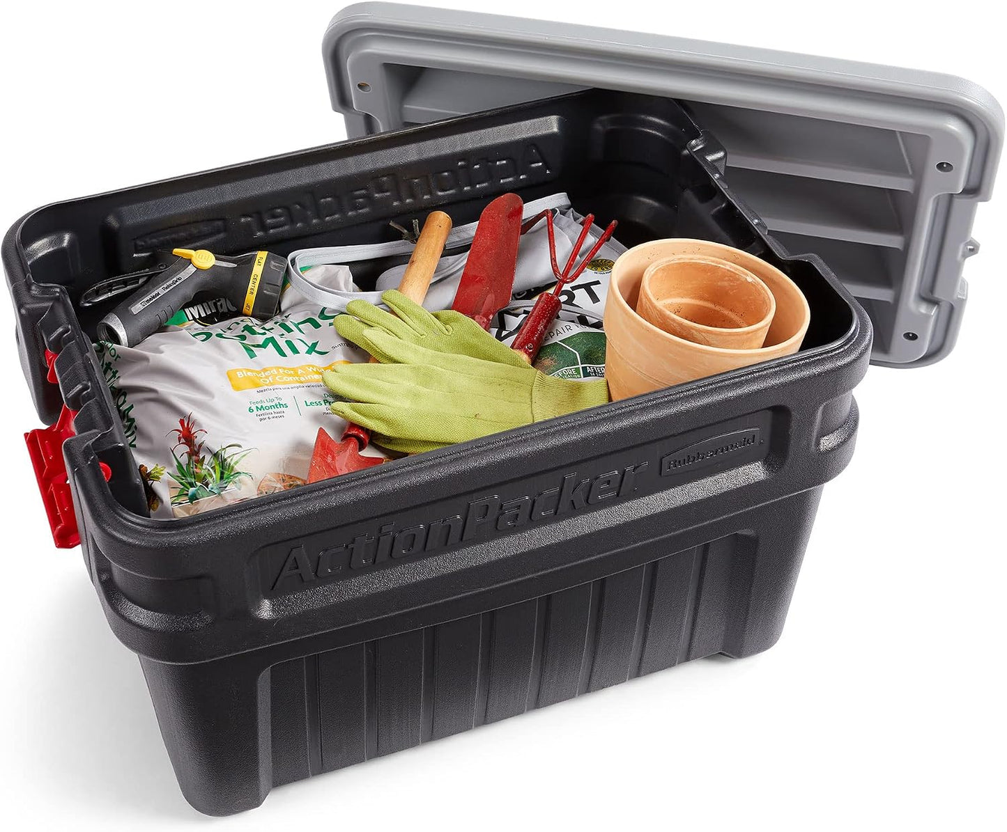 Rubbermaid ActionPacker 35 Gallon, Made in USA, Lockable Plastic Storage Bin with Lid and Wheels- Outdoor, Industrial, Rugged, Camping Gear and Truck Bed Storage - Gray and Black