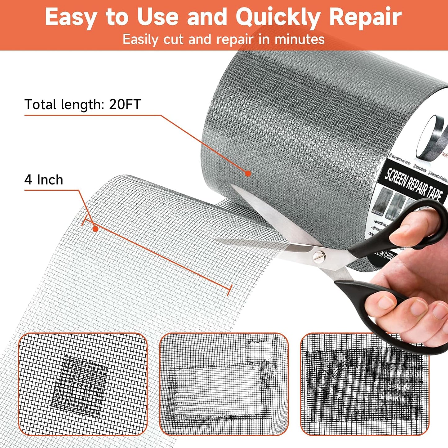 HOFUDON 4in X 20ft Window Screen Repair Tape Black - Heavy Duty 3-Layer Adhesive, Waterproof Fiberglass Mesh Patch Kit for Windows/Doors/Magnetic Screens