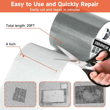 HOFUDON 4in X 20ft Window Screen Repair Tape Black - Heavy Duty 3-Layer Adhesive, Waterproof Fiberglass Mesh Patch Kit for Windows/Doors/Magnetic Screens