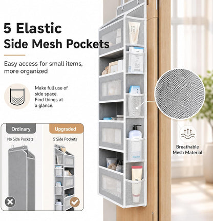 FUSHITON Over The Door Organizer with Anti-Tilt Design, 5 Shelf Hanging Grey Storage Rack Holds 44lb, Large Capacity Pockets for Bedroom Bathroom Pantry Nursery
