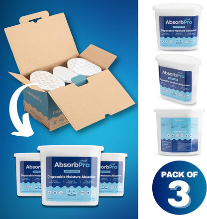 Absorb Pro - Moisture Absorber Tub with Activated Charcoal - 3-Pack - 18 oz Disposable Odor Eliminator Box & Dehumidifier for Garage, Home, Kitchen, Bedroom, Bathroom, Closet, Cars, and Boats